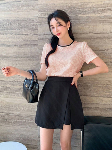 DAZY Color Block Loose Fit Short Sleeve Round Neck Tie Front Women's Blouse shein