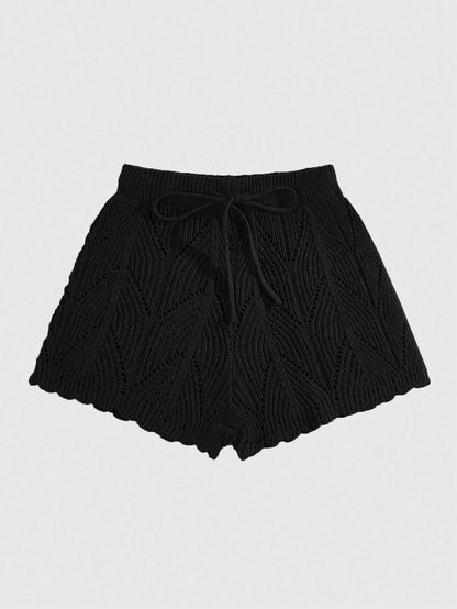 ROMWE Hippie Summer Drawstring Waist Pointelle Crochet Knit Shorts shein