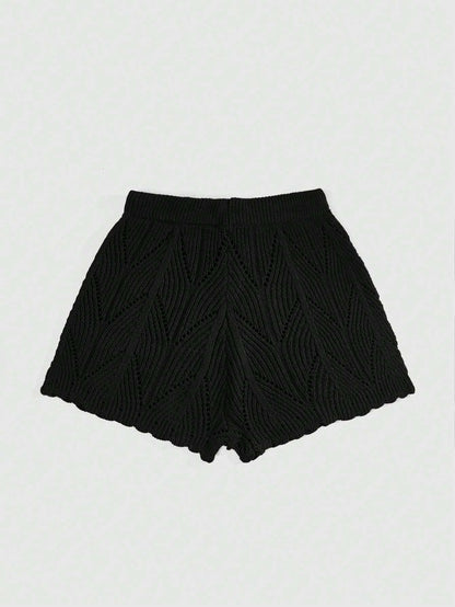 ROMWE Hippie Summer Drawstring Waist Pointelle Crochet Knit Shorts shein