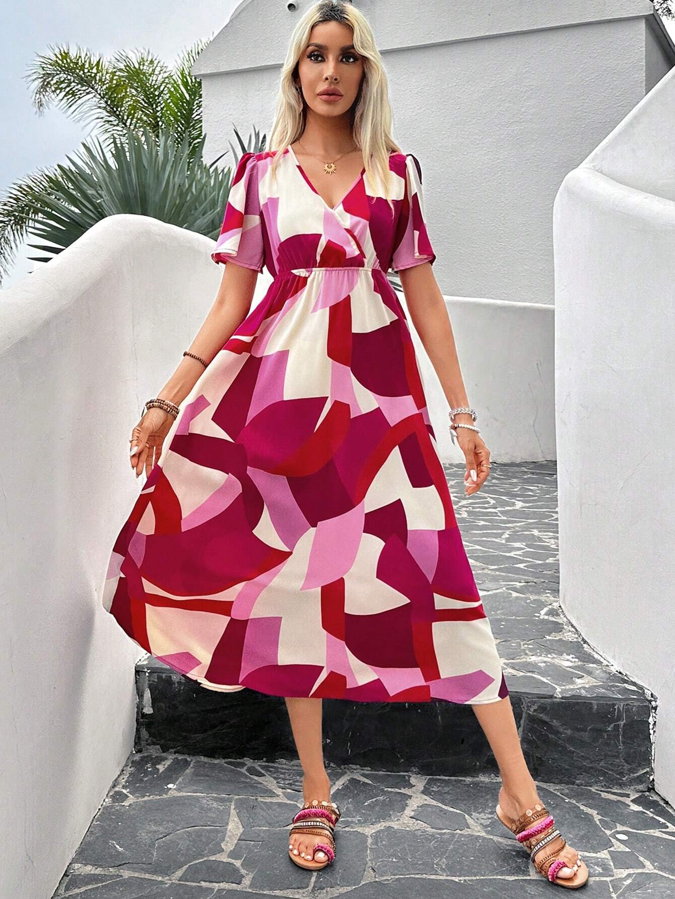 VCAY Women'S Colorblock Printed Summer Dress Shein