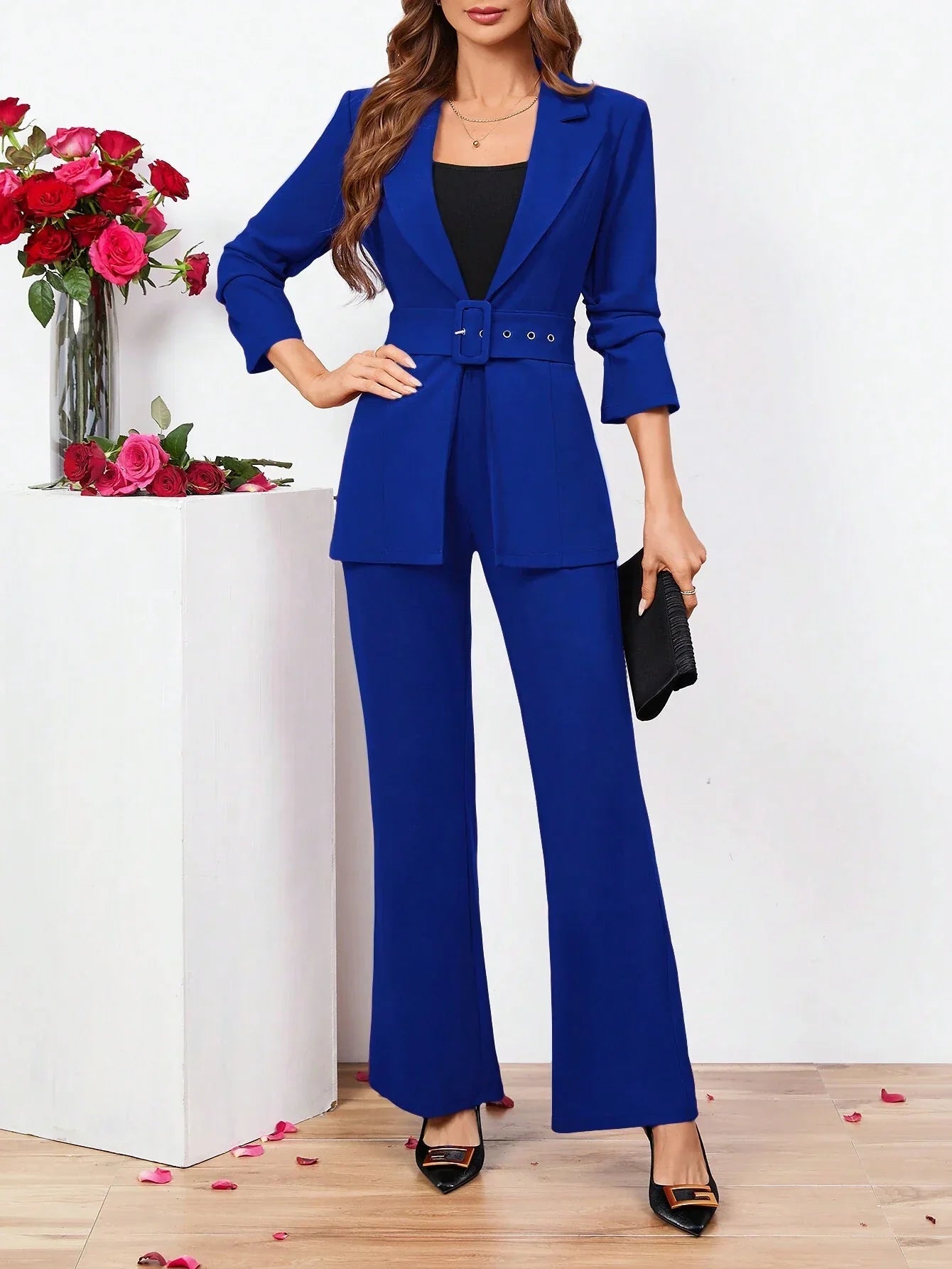 Clasi Ladies Belted Three-quarter Sleeve Suit With Pleats shein