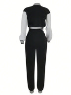 Women's Fashionable Casual Sports Wind Baseball Jacket And Sports Pants Set shein