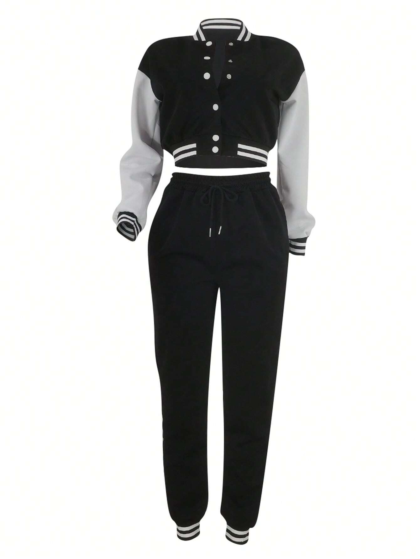 Women's Fashionable Casual Sports Wind Baseball Jacket And Sports Pants Set shein