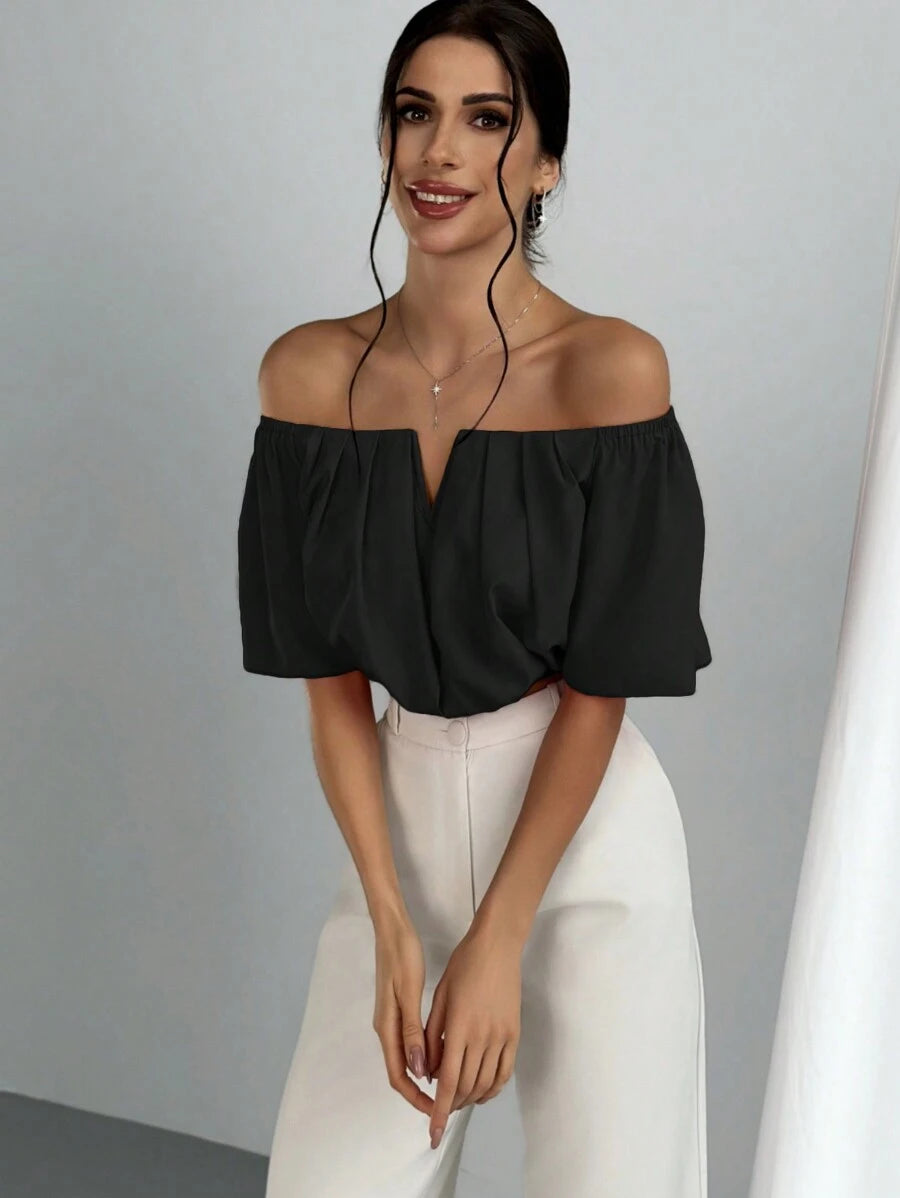 Women's Summer Solid Color Off Shoulder V Neck And Elastic Waist Blouse shein