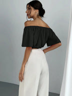Women's Summer Solid Color Off Shoulder V Neck And Elastic Waist Blouse shein