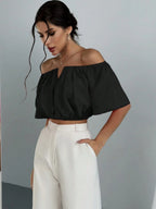 Women's Summer Solid Color Off Shoulder V Neck And Elastic Waist Blouse shein