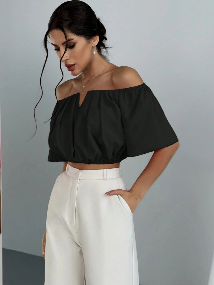 Women's Summer Solid Color Off Shoulder V Neck And Elastic Waist Blouse shein