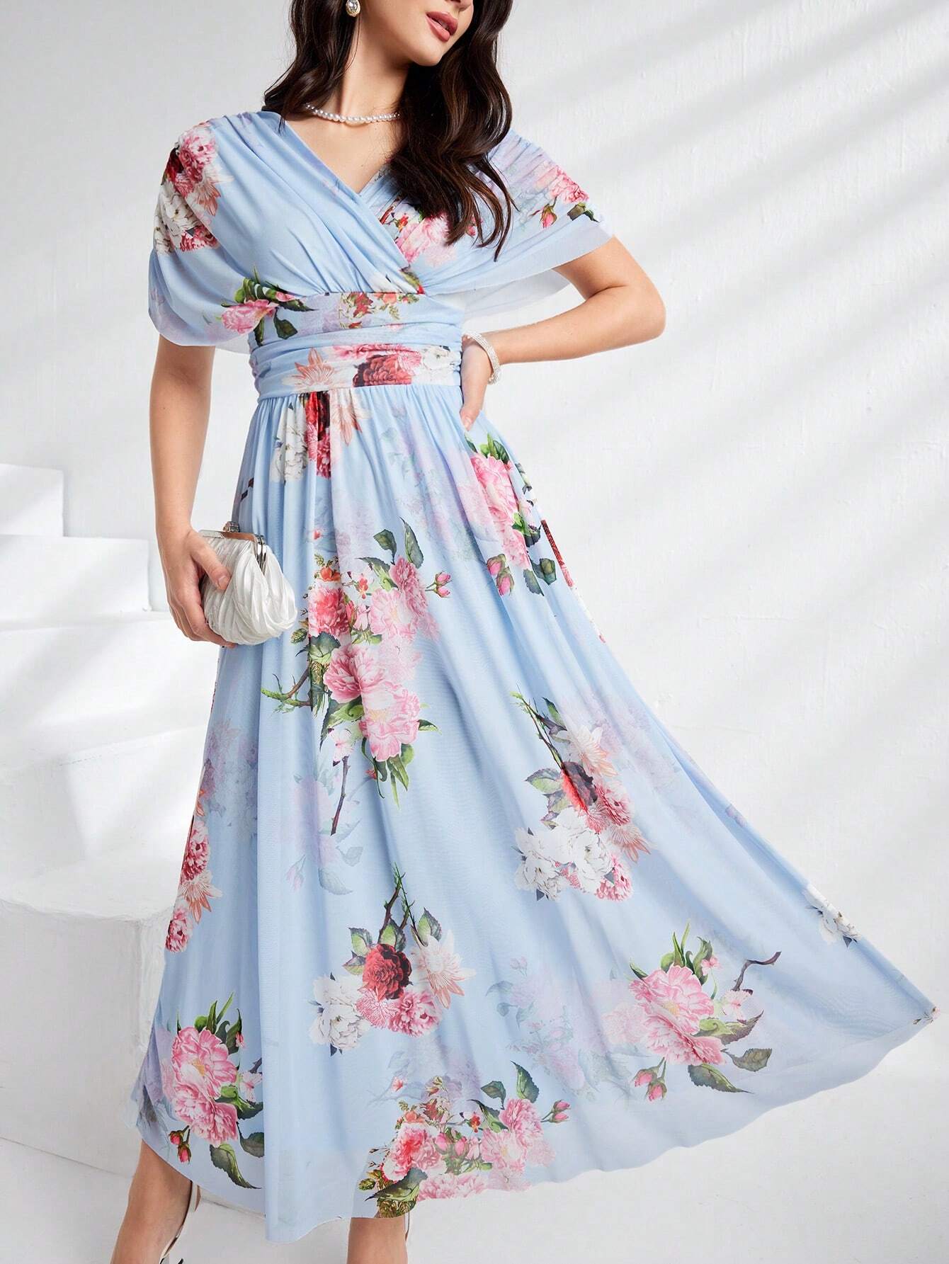 Modely Women Summer Floral Print V-Neck Batwing Sleeve Waist Pleated Long Elegant Dress shein