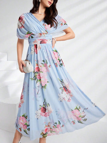 Modely Women Summer Floral Print V-Neck Batwing Sleeve Waist Pleated Long Elegant Dress shein