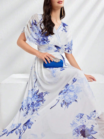 Modely Women Summer Floral Print V-Neck Batwing Sleeve Waist Pleated Long Elegant Dress shein