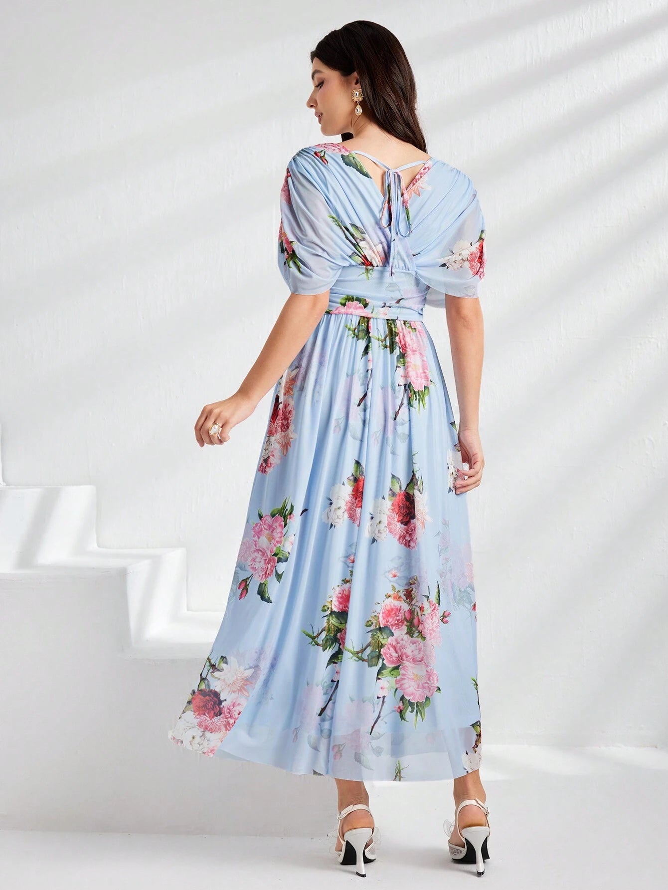 Modely Women Summer Floral Print V-Neck Batwing Sleeve Waist Pleated Long Elegant Dress shein