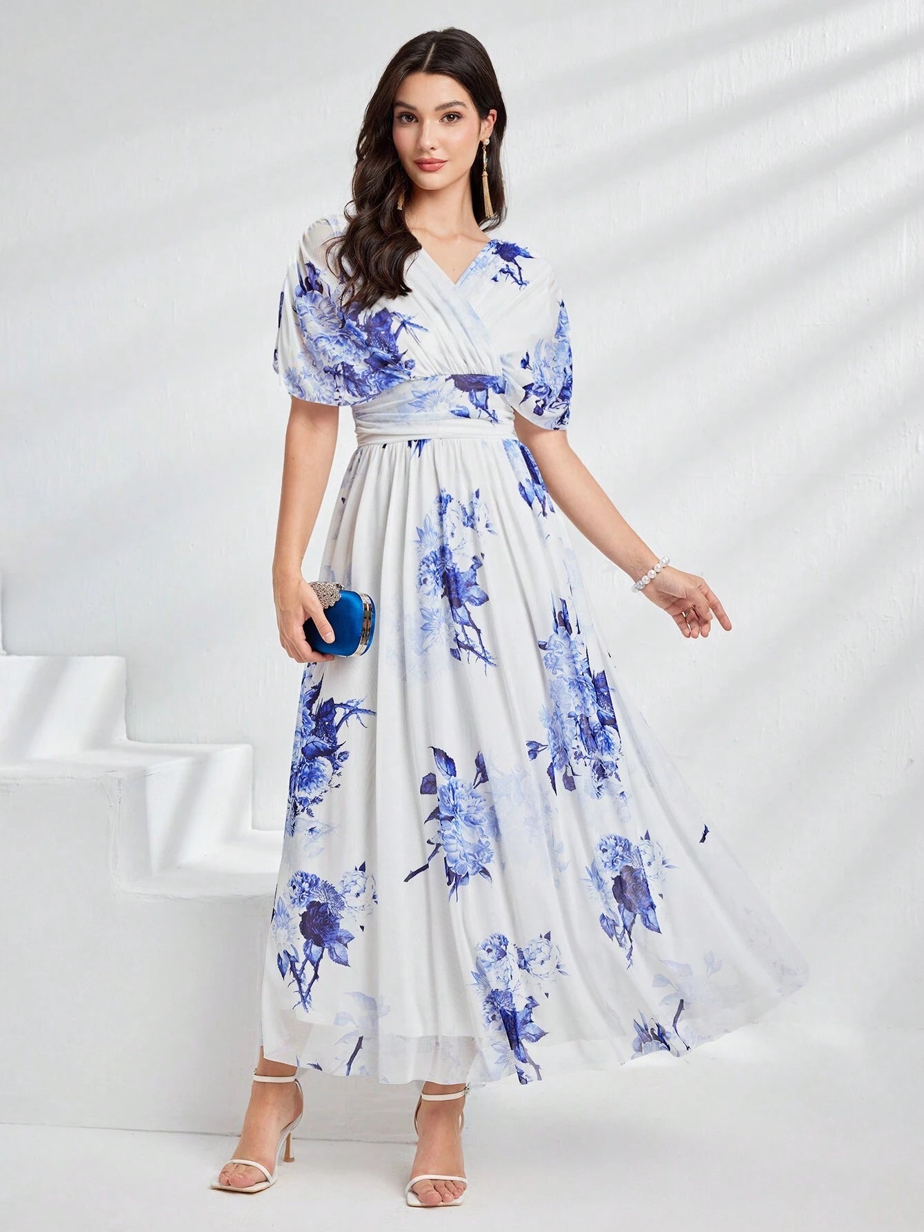 Modely Women Summer Floral Print V-Neck Batwing Sleeve Waist Pleated Long Elegant Dress shein