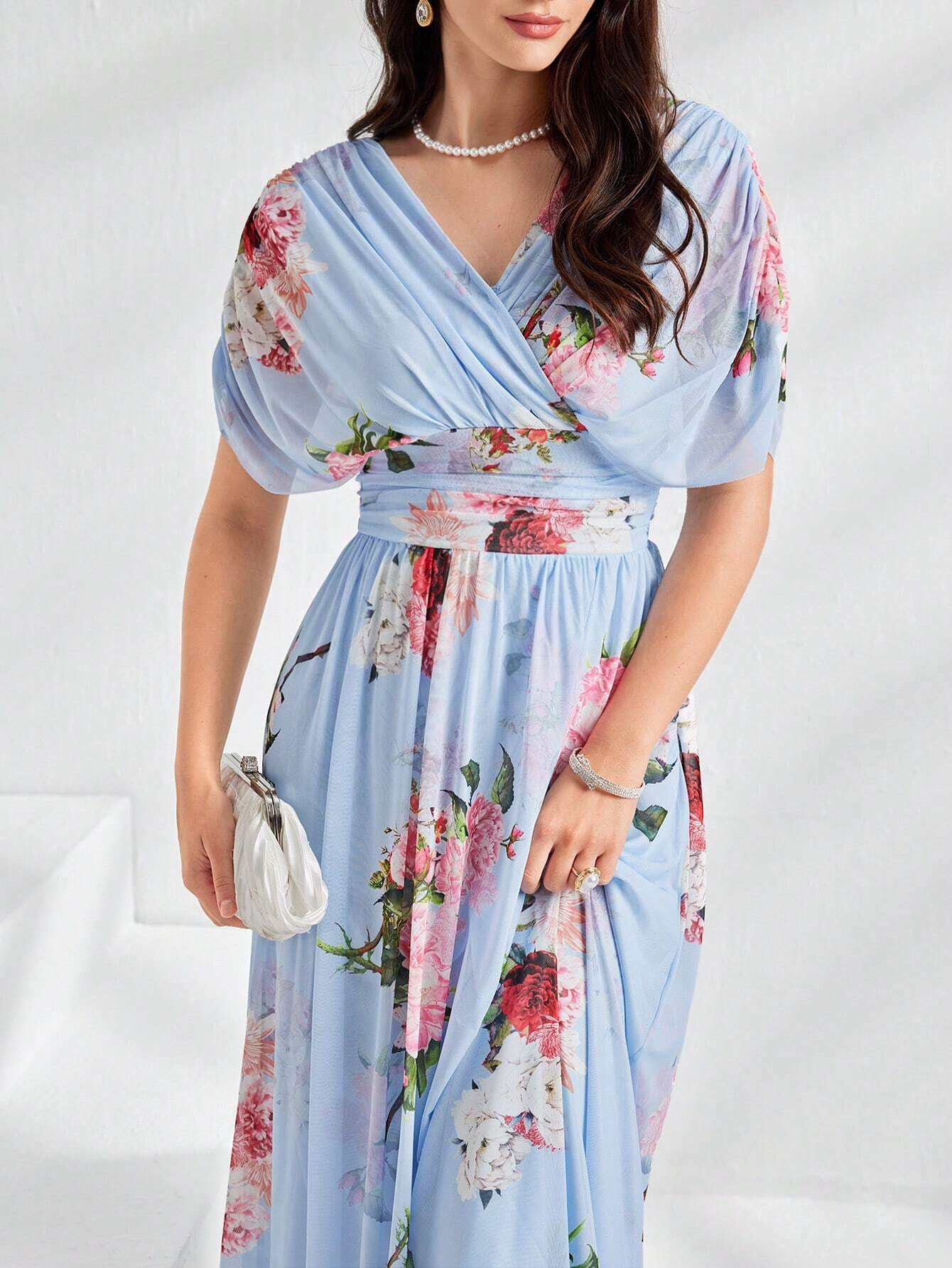 Modely Women Summer Floral Print V-Neck Batwing Sleeve Waist Pleated Long Elegant Dress shein