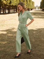 Frenchy Women Color Patch Neck Short Puff Sleeves Insert Pockets Elegant Jumpsuit shein
