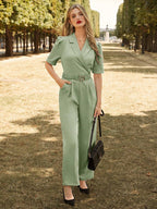 Frenchy Women Color Patch Neck Short Puff Sleeves Insert Pockets Elegant Jumpsuit shein