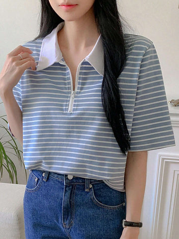 DAZY Striped Print Half Zip Tee shein