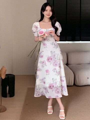 DAZY Elegant Floral Print Square Neck Puff Sleeve Dress shein