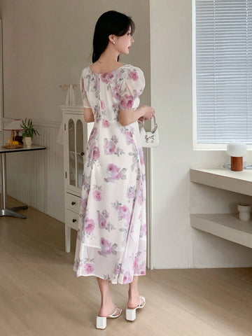 DAZY Elegant Floral Print Square Neck Puff Sleeve Dress shein