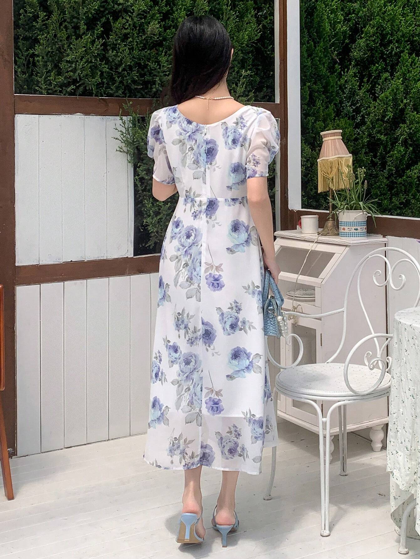 DAZY Elegant Floral Print Square Neck Puff Sleeve Dress shein