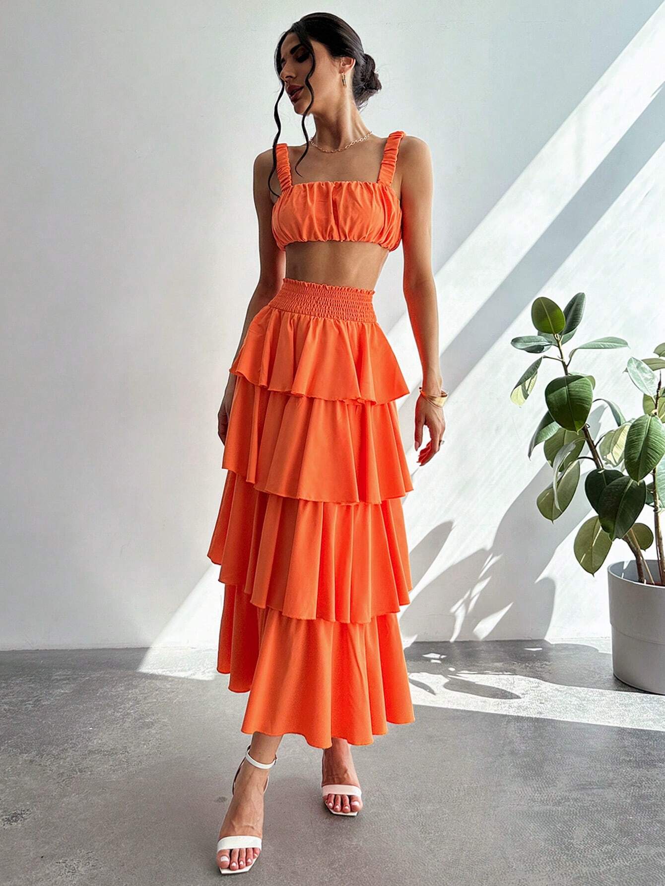 Priv� Women Summer Pleated Bust Tank Top Tower Skirt Half-Body Skirt shein