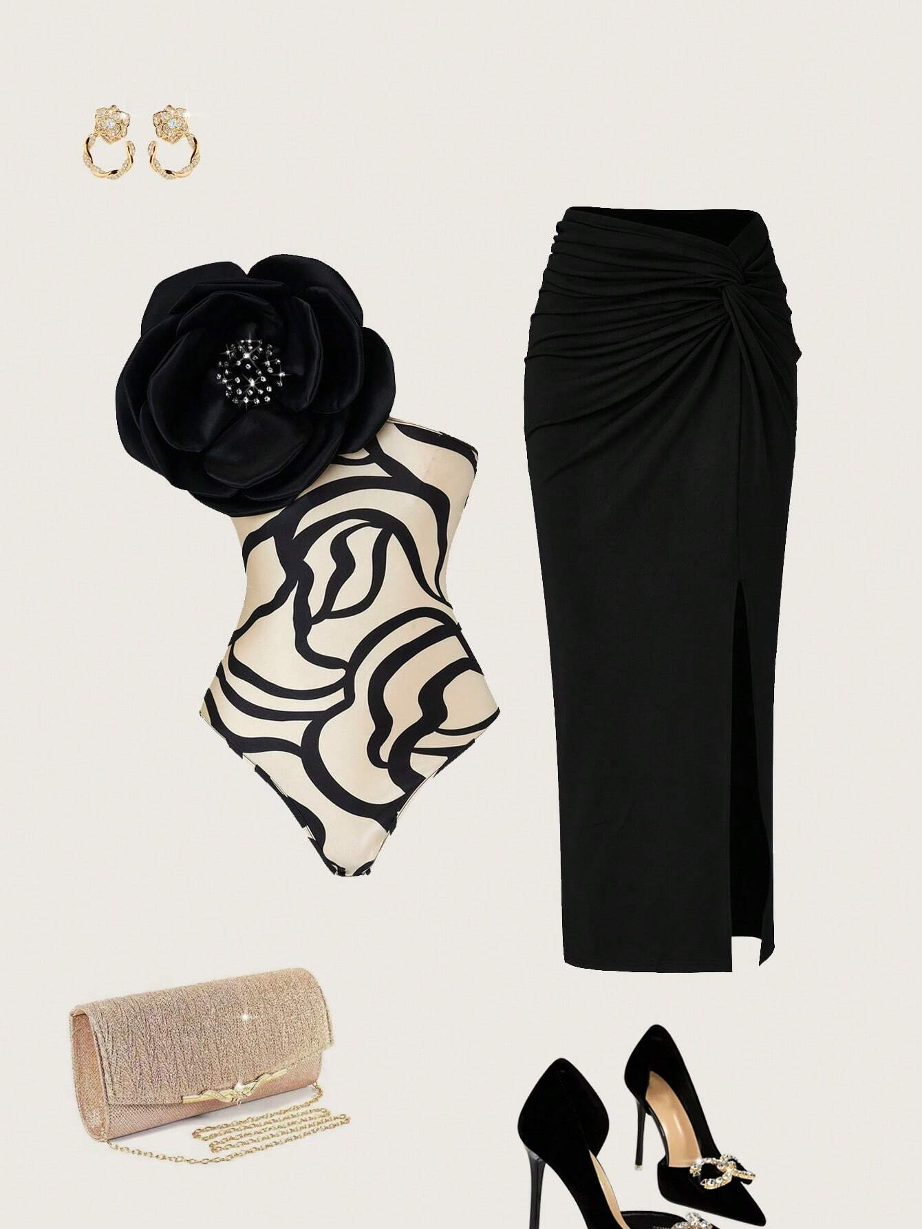 Priv� Stereo Flower Decorated Bodysuit & Twist Front Split Thigh Skirt
