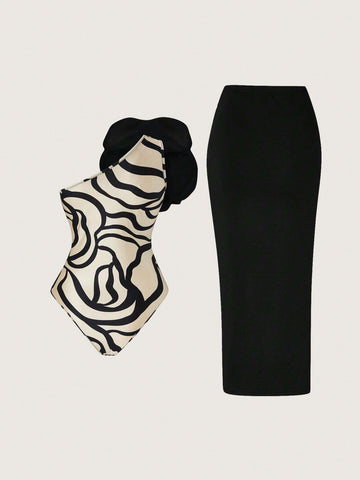 Priv� Stereo Flower Decorated Bodysuit & Twist Front Split Thigh Skirt