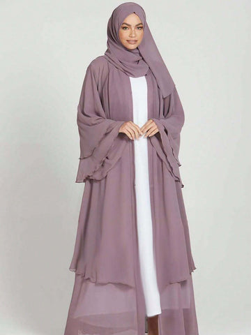 1pc Double Layer Chiffon Solid Color Casual Loose Plus Size Women's Long Robe Cardigan shein