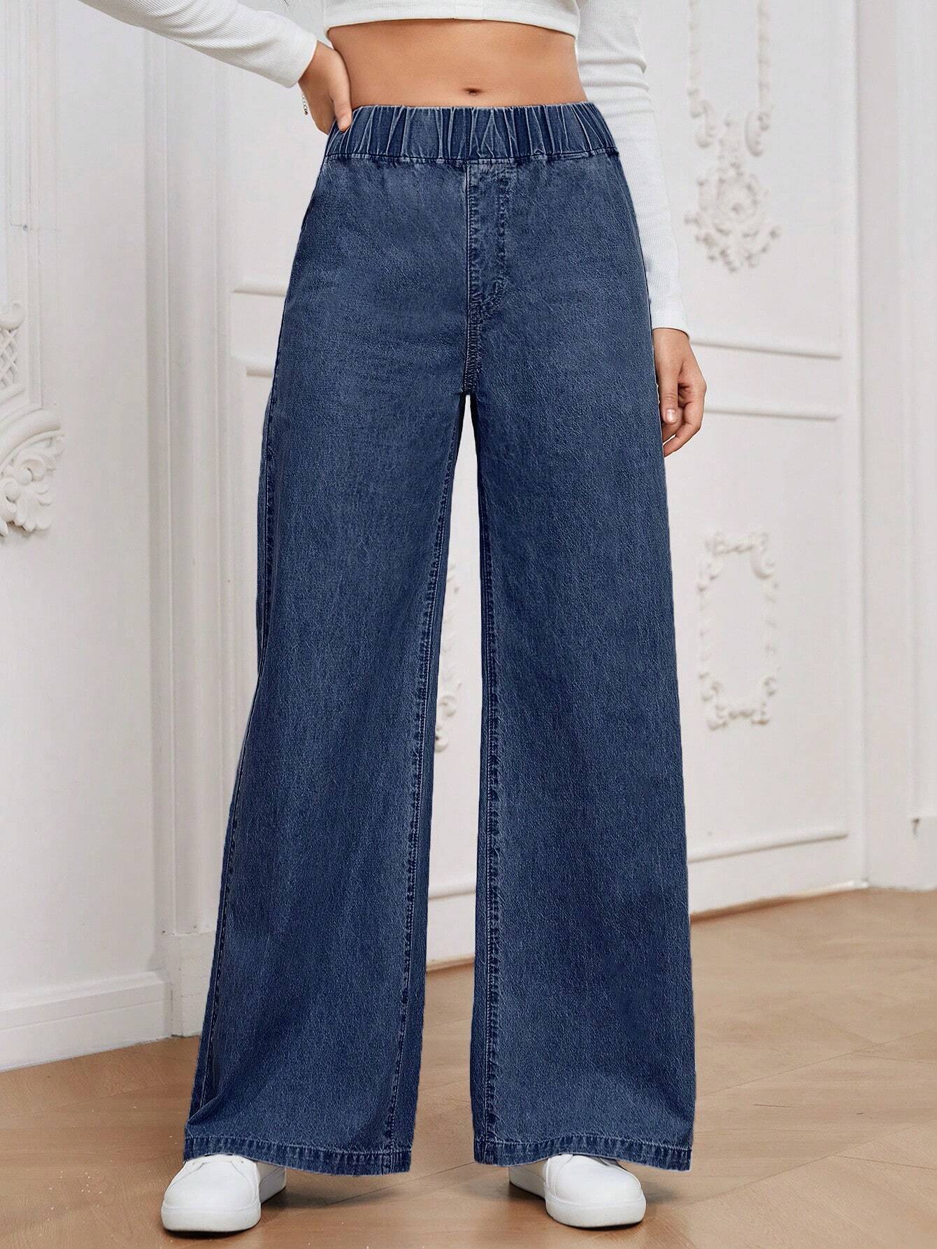 Essnce Solid Color Elastic Waist Denim Pants With Pockets shein