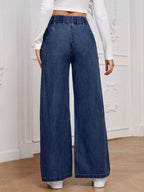 Essnce Solid Color Elastic Waist Denim Pants With Pockets shein