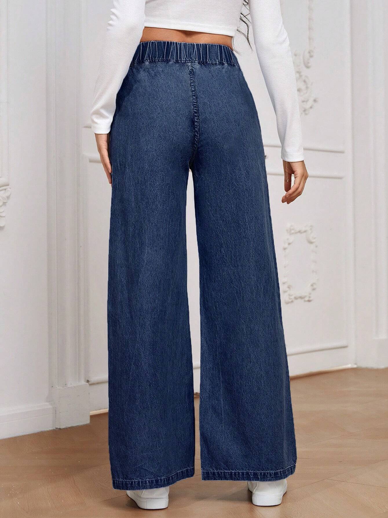 Essnce Solid Color Elastic Waist Denim Pants With Pockets shein