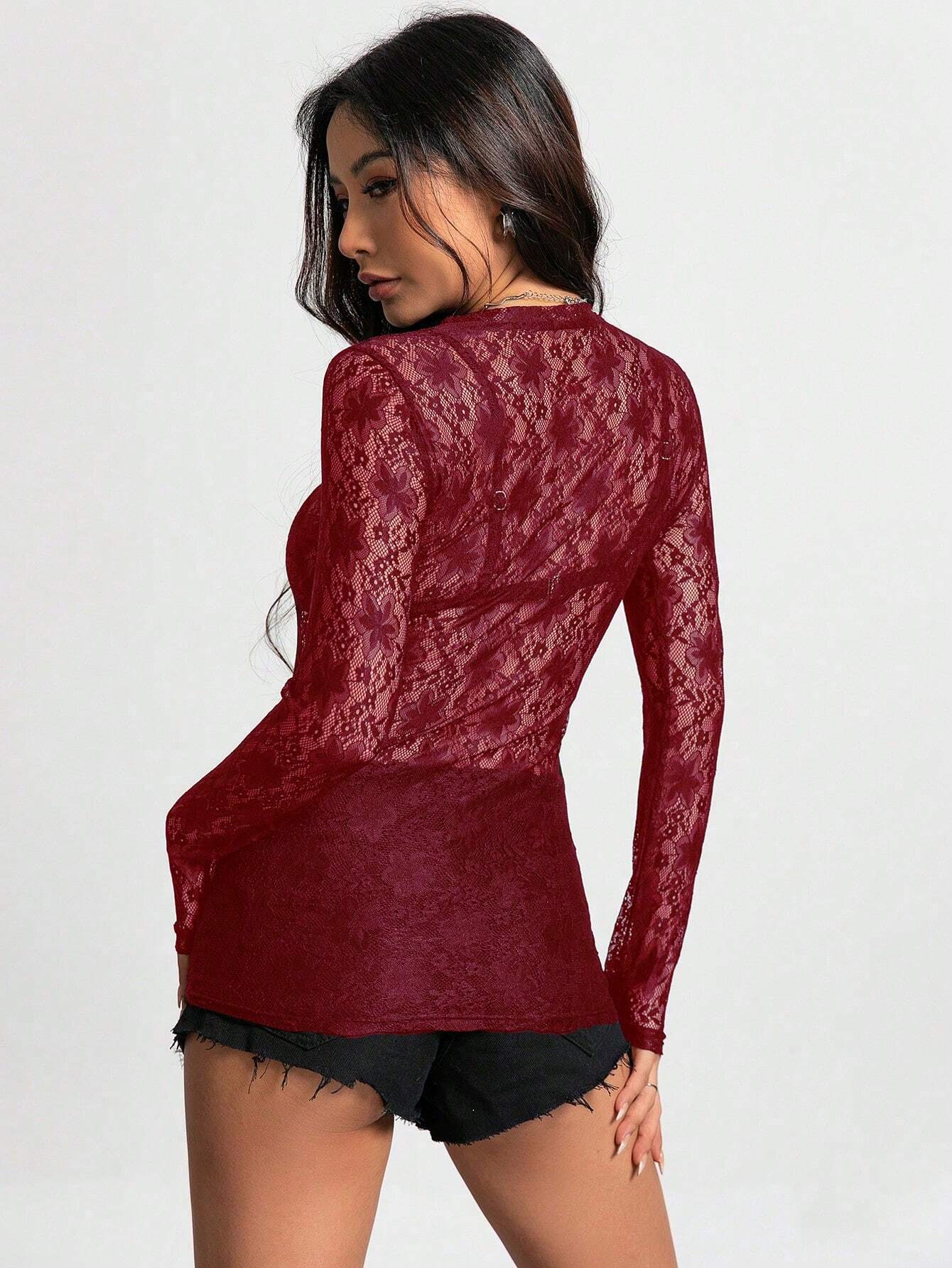 ICON Women Solid Color Lace Hollow Out Long Sleeve Top shein