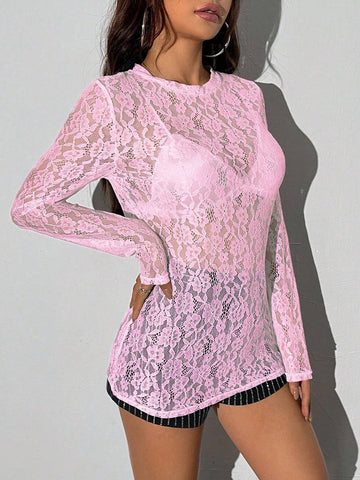 ICON Women Solid Color Lace Hollow Out Long Sleeve Top shein