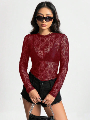 ICON Women Solid Color Lace Hollow Out Long Sleeve Top shein