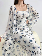 Modely Women Elegant 2pcs/Set Floral Print Long Sleeve Jacket And Spaghetti Strap Dress shein