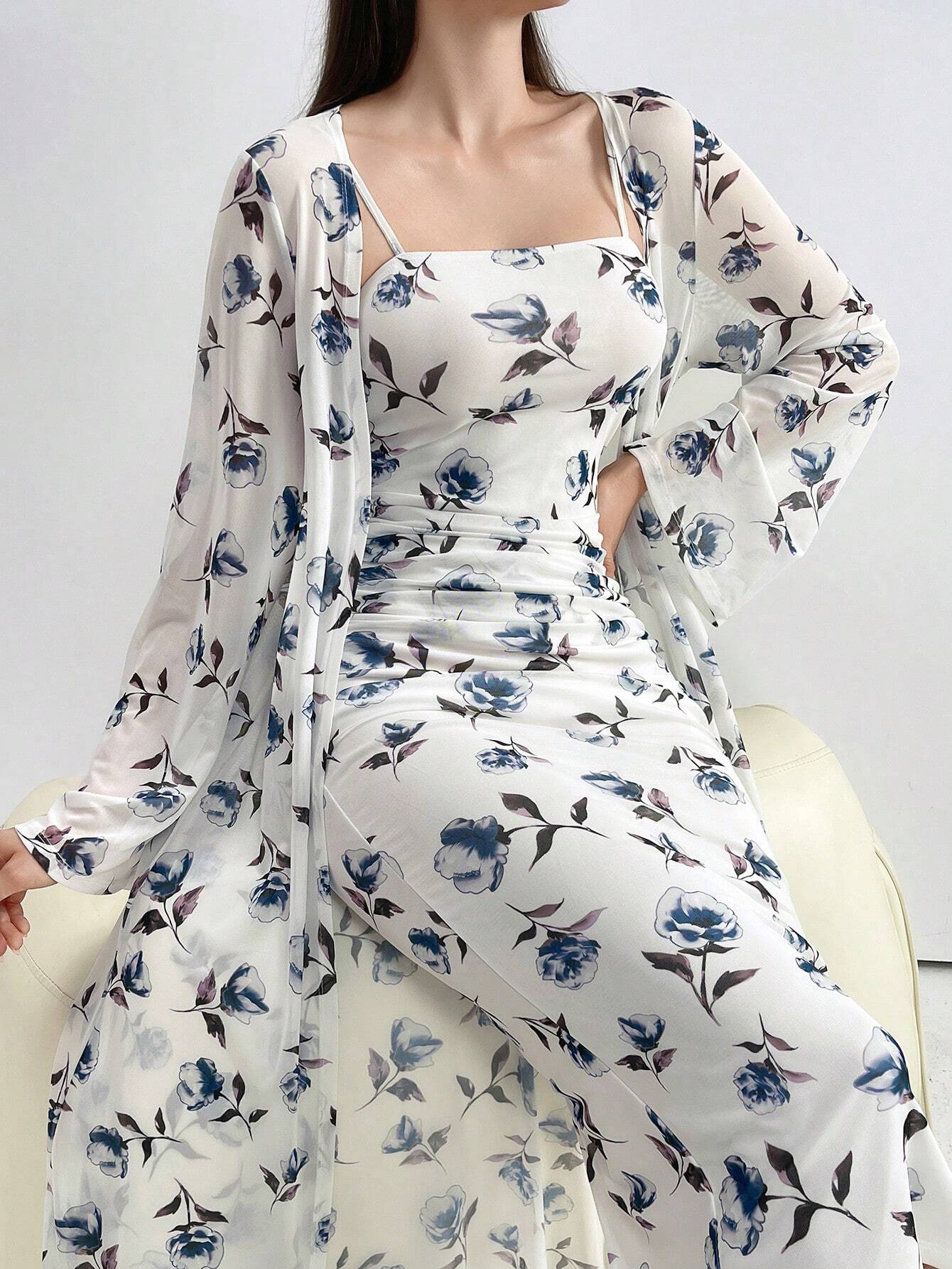 Modely Women Elegant 2pcs/Set Floral Print Long Sleeve Jacket And Spaghetti Strap Dress shein