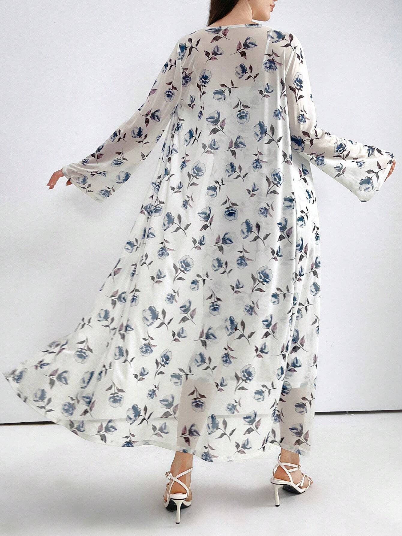 Modely Women Elegant 2pcs/Set Floral Print Long Sleeve Jacket And Spaghetti Strap Dress shein