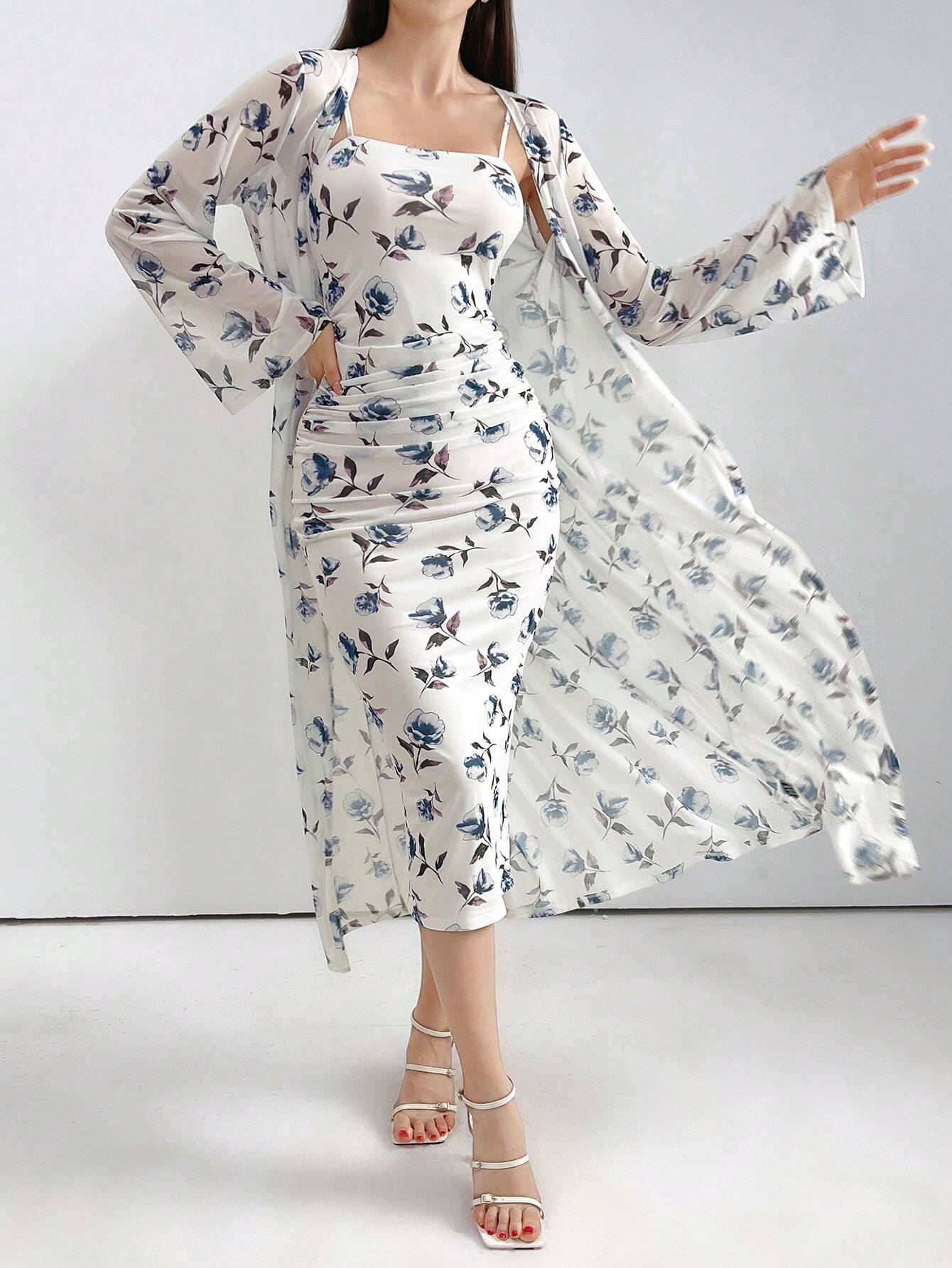 Modely Women Elegant 2pcs/Set Floral Print Long Sleeve Jacket And Spaghetti Strap Dress shein