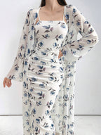 Modely Women Elegant 2pcs/Set Floral Print Long Sleeve Jacket And Spaghetti Strap Dress shein