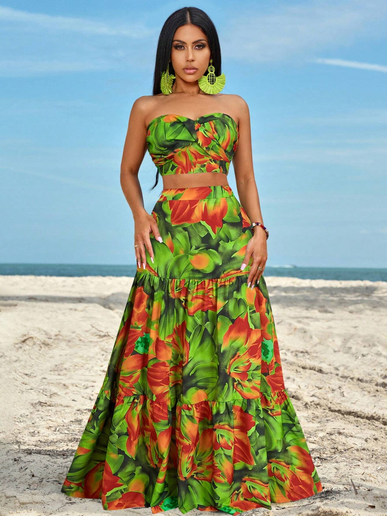 Slayr Ruched Side Twist Bandeau Top And Split Thigh Ruffle Hem Skirt Set shein