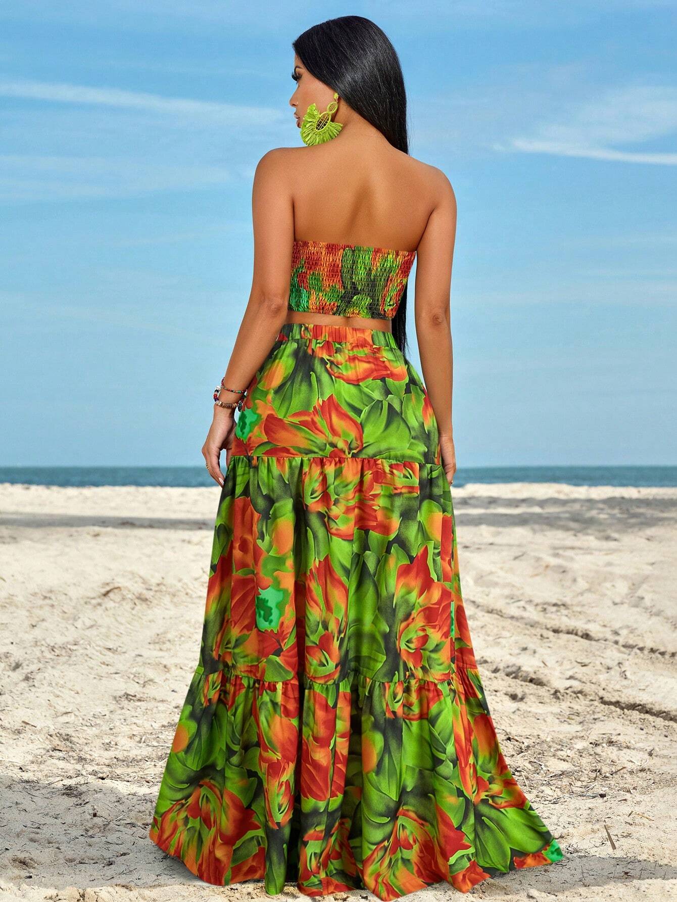 Slayr Ruched Side Twist Bandeau Top And Split Thigh Ruffle Hem Skirt Set shein