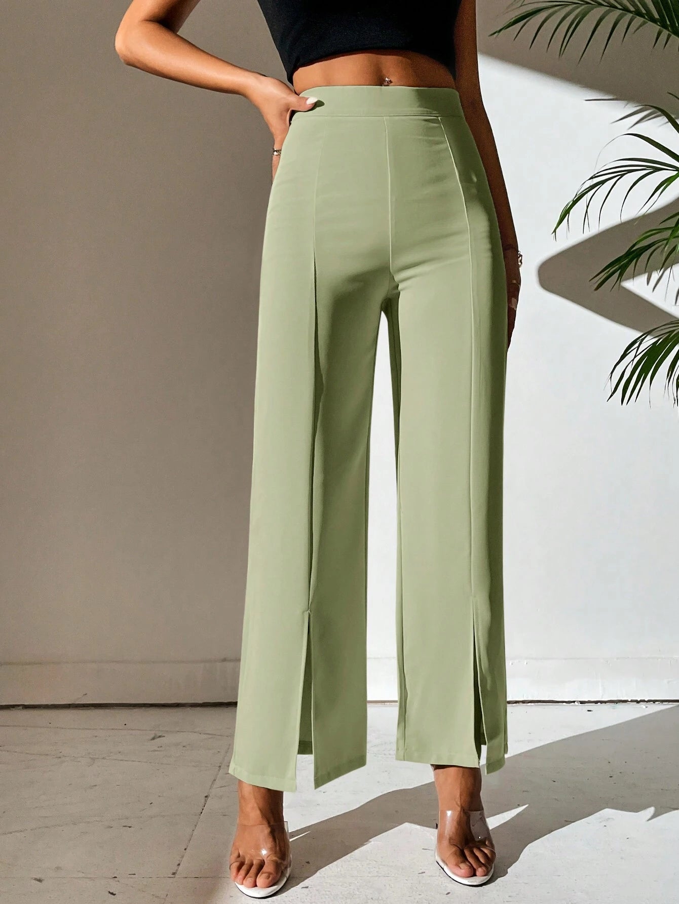 PETITE Split Hem Straight Leg Dress Pants shein