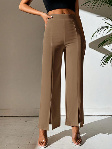 PETITE Split Hem Straight Leg Dress Pants shein