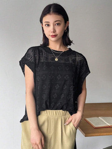 FRIFUL Women Loose Batwing Sleeve Hollow-Out Top For Summer shein