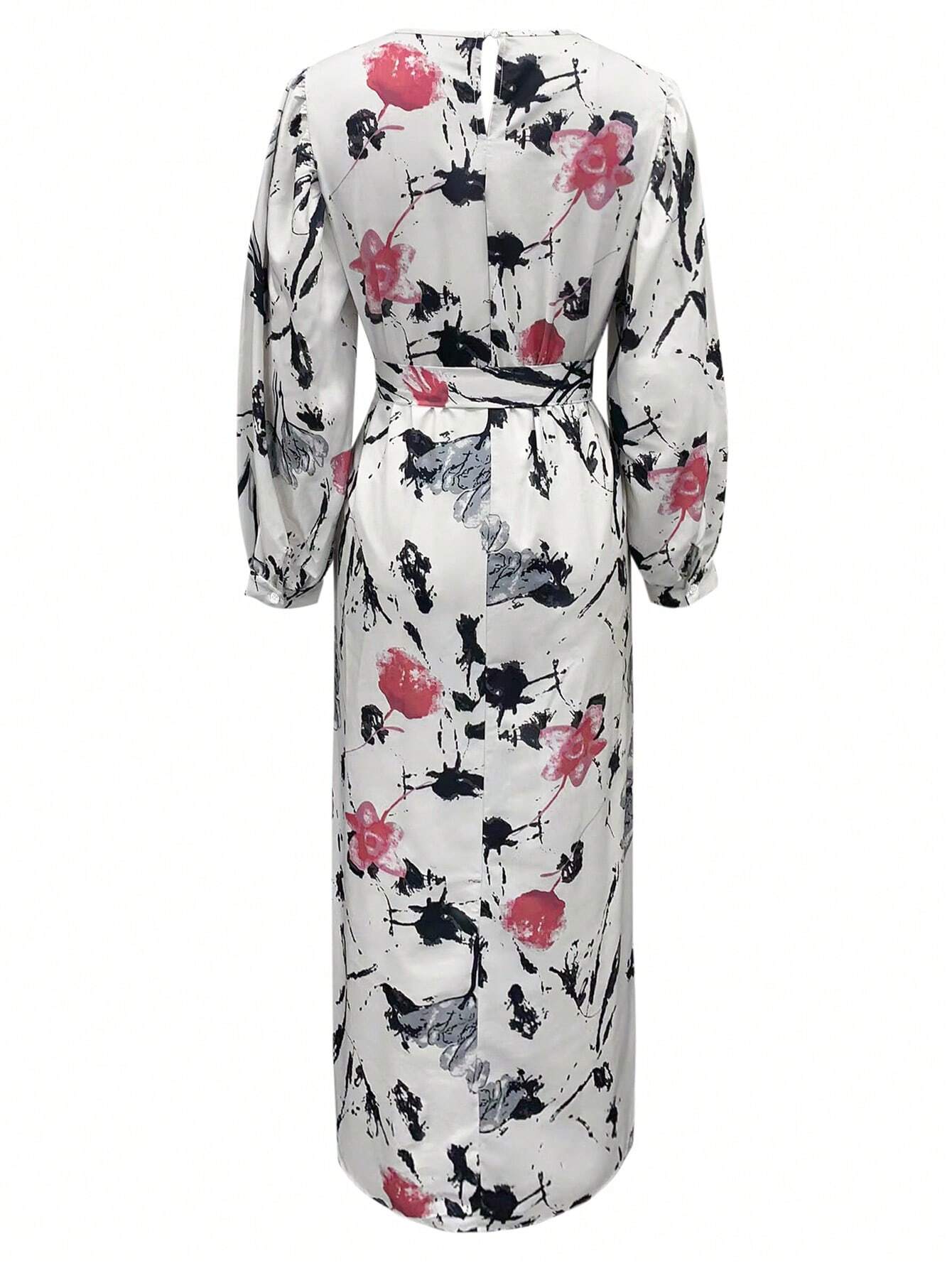 Botanical Print Lantern Sleeve Dress shein