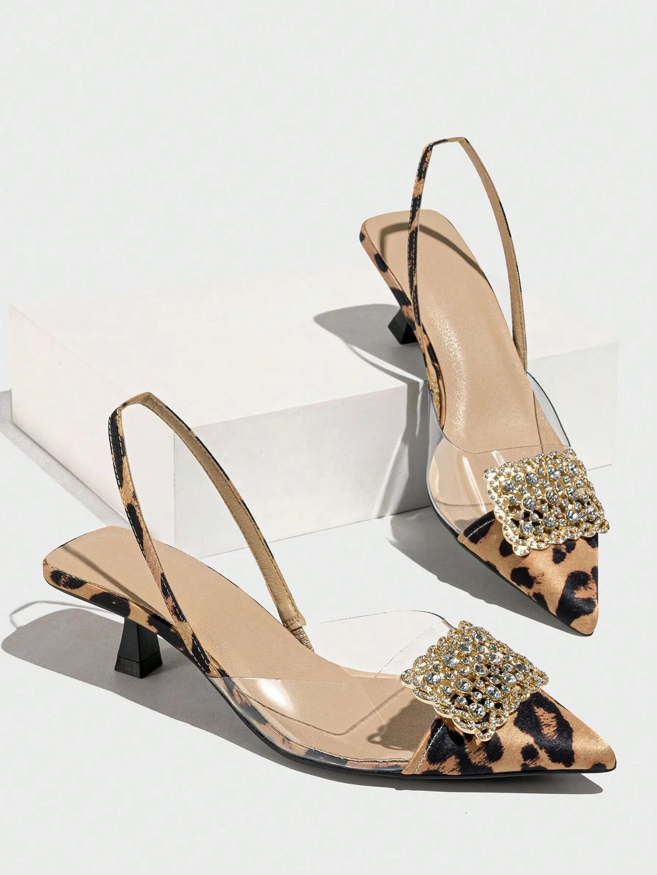Women's Rhinestone Decorated Pointed Toe Slingback Kitten Heel Slip-On Pumps shein