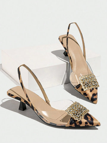 Women's Rhinestone Decorated Pointed Toe Slingback Kitten Heel Slip-On Pumps