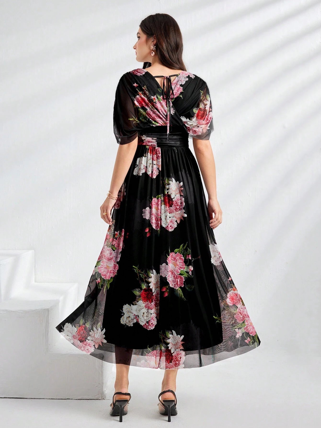 Modely Women Summer Floral Print V-Neck Batwing Sleeve Waist Pleated Long Elegant Dress shein