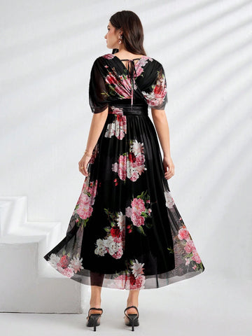 Modely Women Summer Floral Print V-Neck Batwing Sleeve Waist Pleated Long Elegant Dress shein