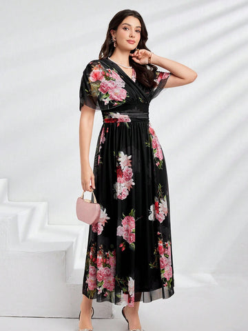 Modely Women Summer Floral Print V-Neck Batwing Sleeve Waist Pleated Long Elegant Dress shein