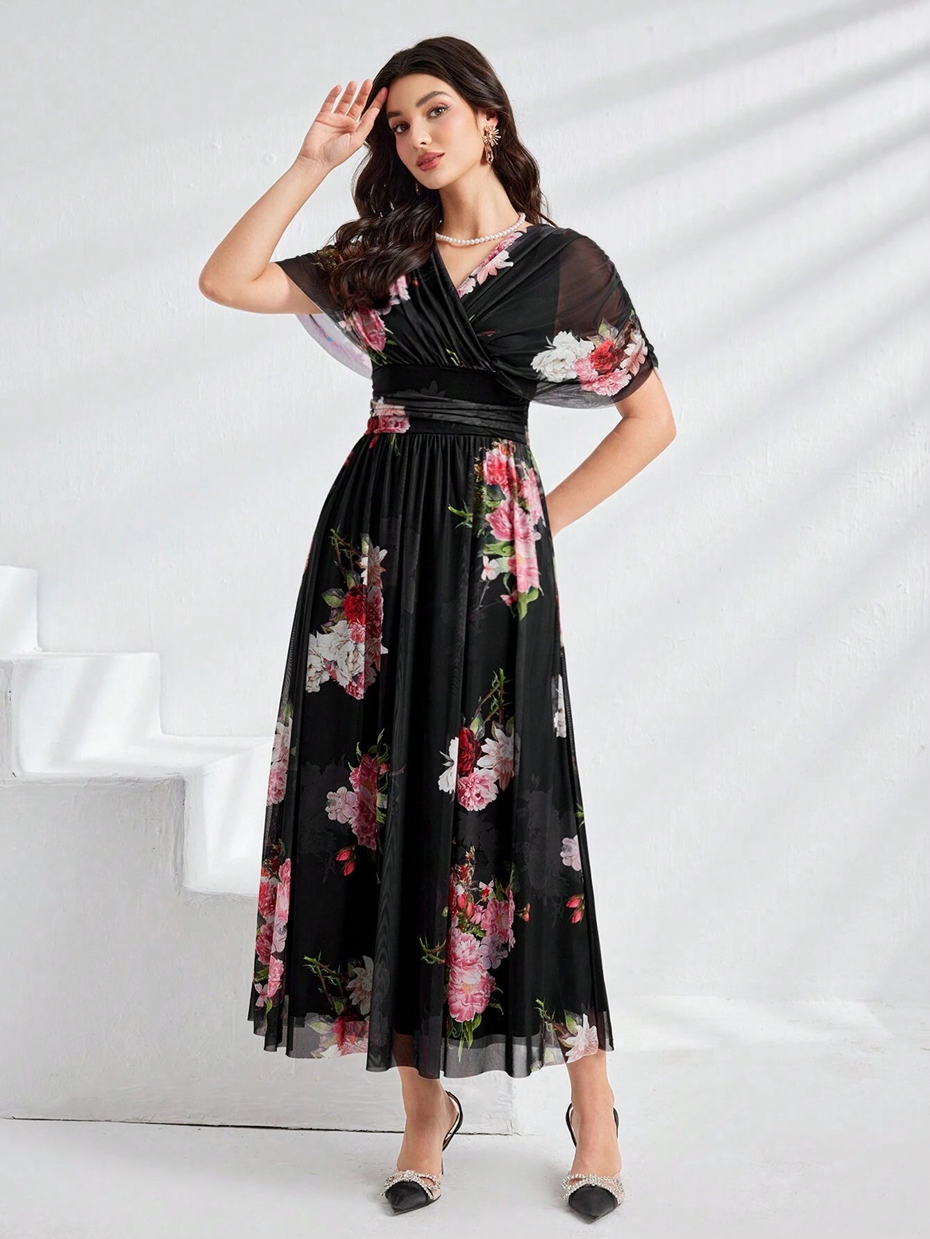 Modely Women Summer Floral Print V-Neck Batwing Sleeve Waist Pleated Long Elegant Dress shein